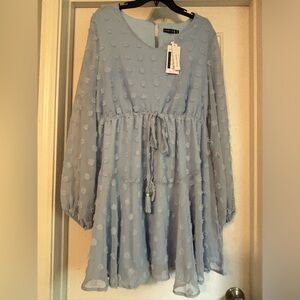 Women's Long Sleeve V Neck Ruffle Dress Flowy Swiss Dot Chiffon A-Line Dress NWT
